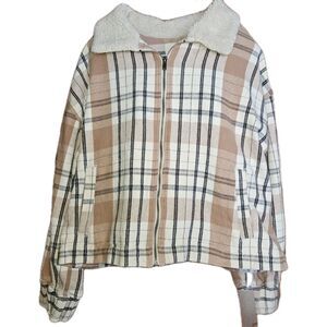 Lucky Brand Faux Shearling Plaid Jacket Shacket L Crop Zippered Coat Mixed Media